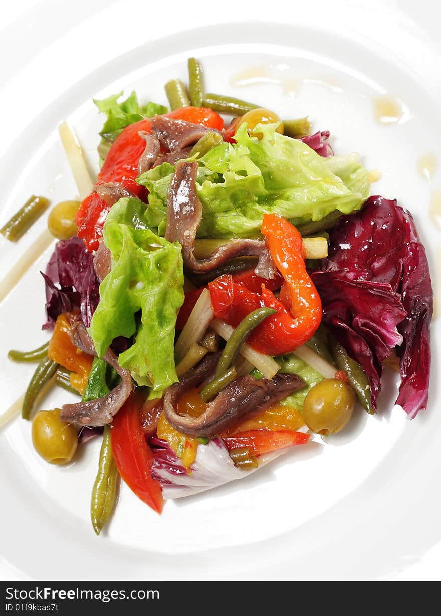 Salad with Anchovy, Olive and Vegetable Leaf