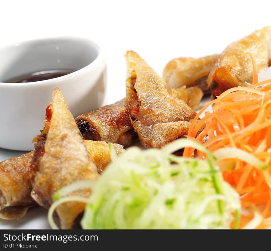 Beef Rolls with Vegetable Julienne and Sauce. Isolated on White Background