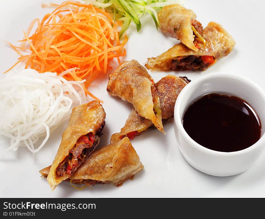 Beef Rolls with Vegetable Julienne and Sauce. Beef Rolls with Vegetable Julienne and Sauce