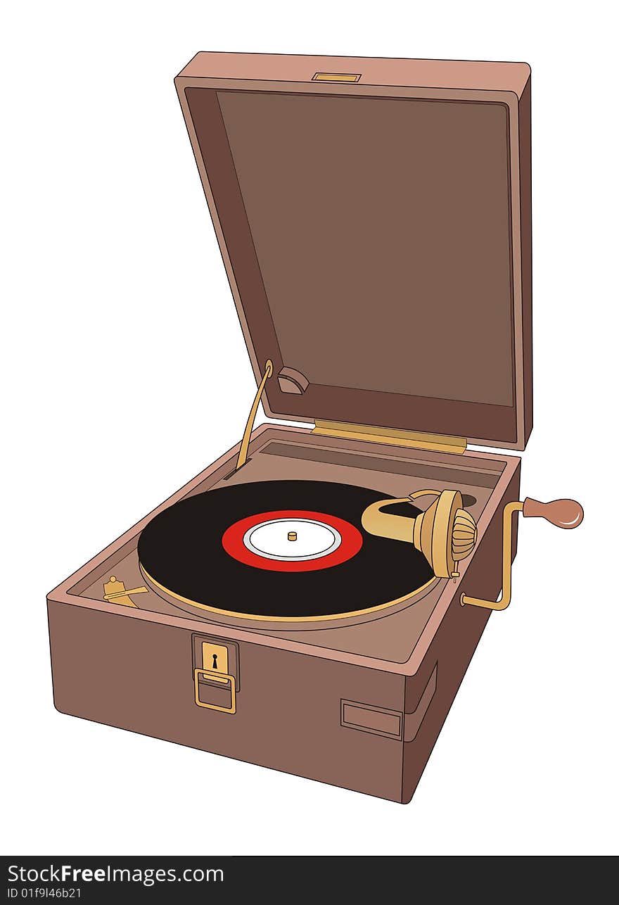 The drawing of an old player of vinyl disks. It consists of lines of various width. On a player the old disk lies. The drawing of an old player of vinyl disks. It consists of lines of various width. On a player the old disk lies.