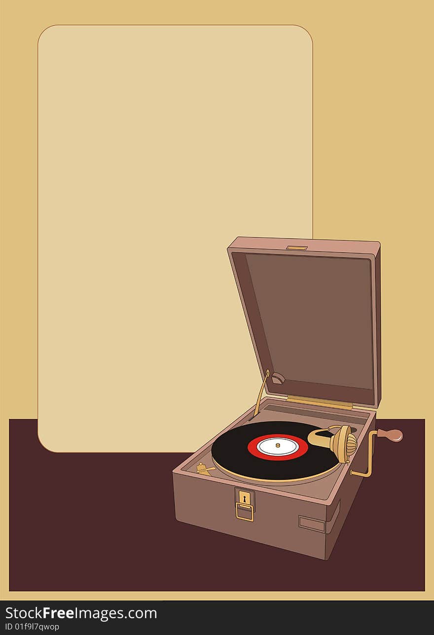 The drawing of an old player of vinyl disks. It consists of lines of various width. On a player the old disk lies. The drawing of an old player of vinyl disks. It consists of lines of various width. On a player the old disk lies.