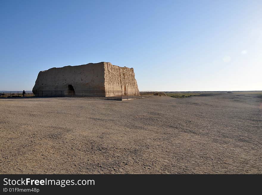 Old blockhouse stands lonely in a boundless Gobi desert. Old blockhouse stands lonely in a boundless Gobi desert.