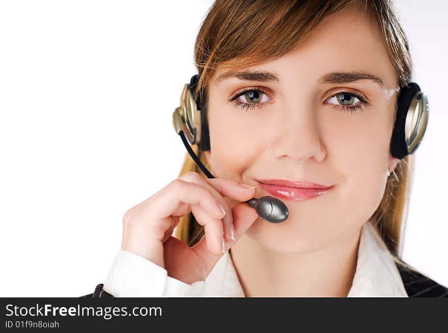 Young brunette woman with headset close up. Young brunette woman with headset close up