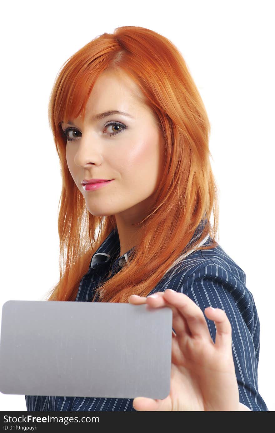 Woman with blank businesscard on white. Woman with blank businesscard on white