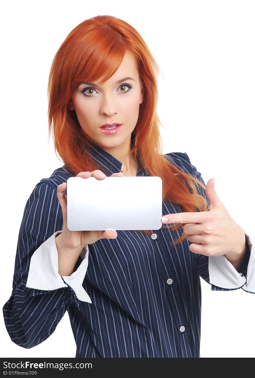 Woman with blank businesscard on white. Woman with blank businesscard on white