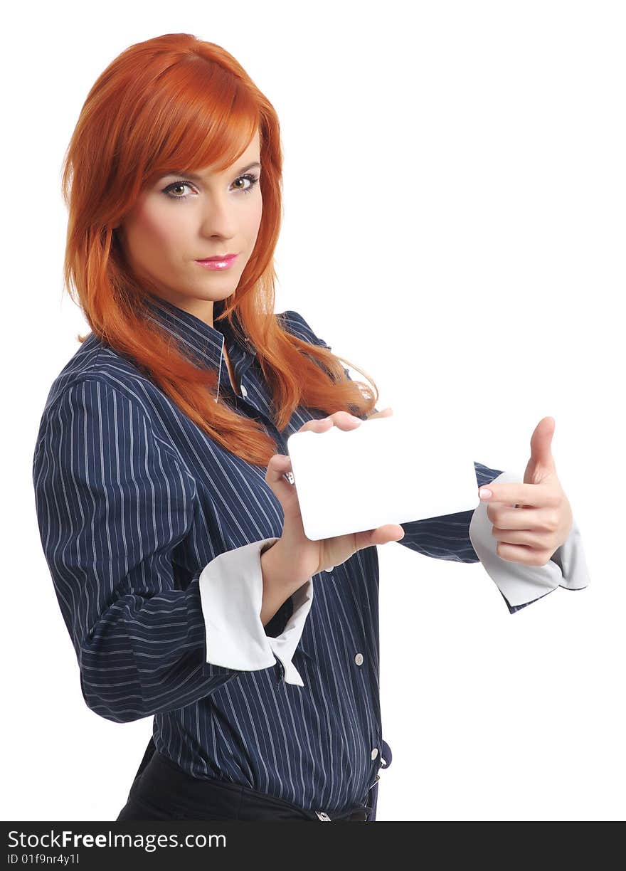 Woman with blank businesscard on white. Woman with blank businesscard on white