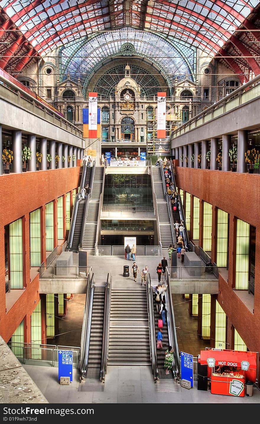 Central Railroad Station of Antwerpen, Belgium. Facility with three levels of railroad tracks and passenger platforms. Central Railroad Station of Antwerpen, Belgium. Facility with three levels of railroad tracks and passenger platforms