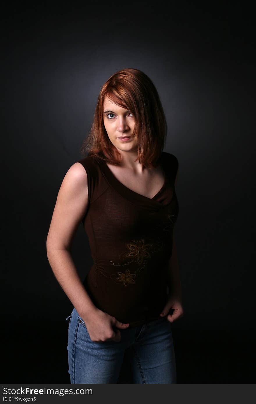 Pretty Red Headed Teenage Girl In Dark Shirt