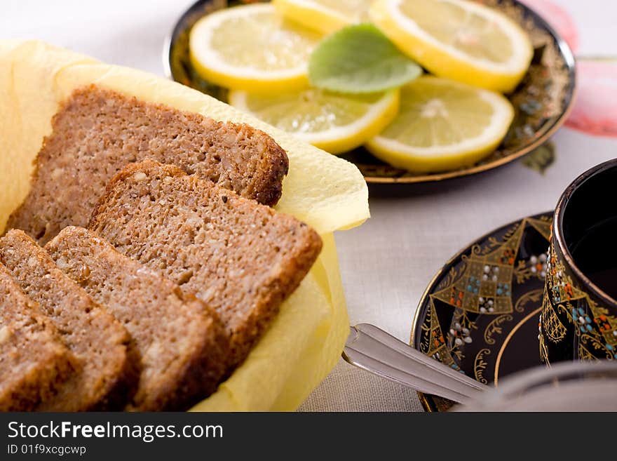 Bread, Slice citrus and cup of tea