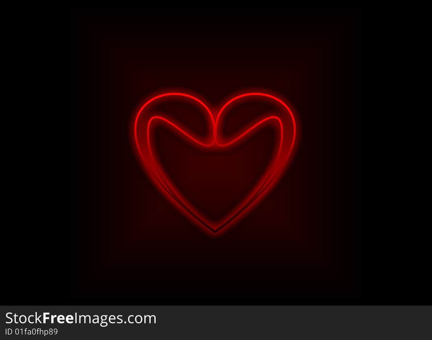 Illuminating red heart with a black background.