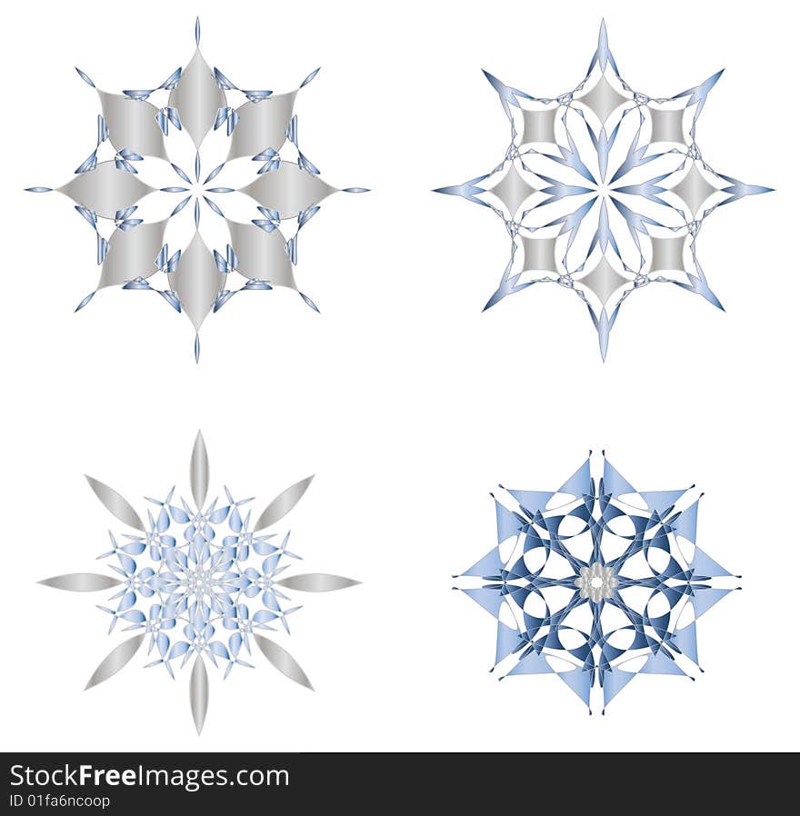 Four detailed snowflakes, vector file allows easy recoloring and sizing.