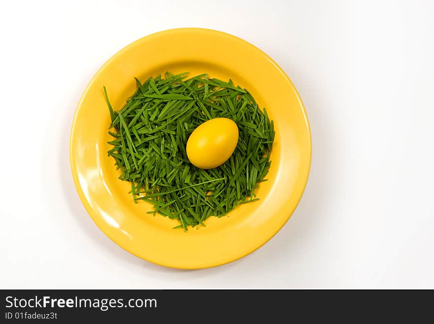 Yellow easter egg on yellow plate on white background