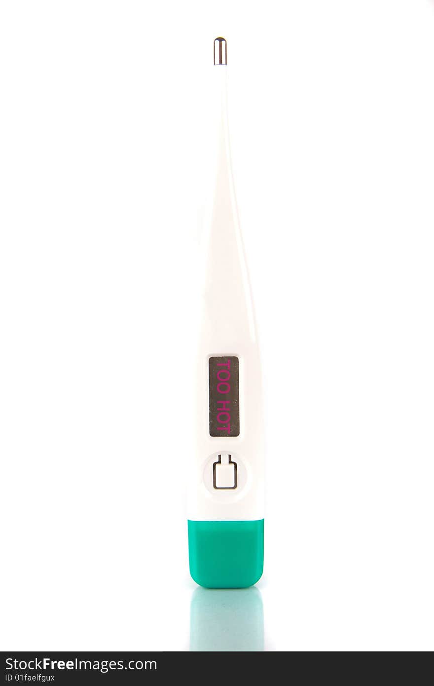 A digital thermometer - saying Too hot in the display - isolated over white.