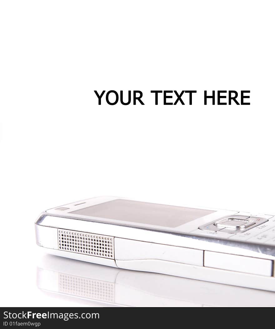 Isolated shot of a white cell phone. The phone is mirrored and isolated over pure white. Lot of copyspace. Isolated shot of a white cell phone. The phone is mirrored and isolated over pure white. Lot of copyspace.