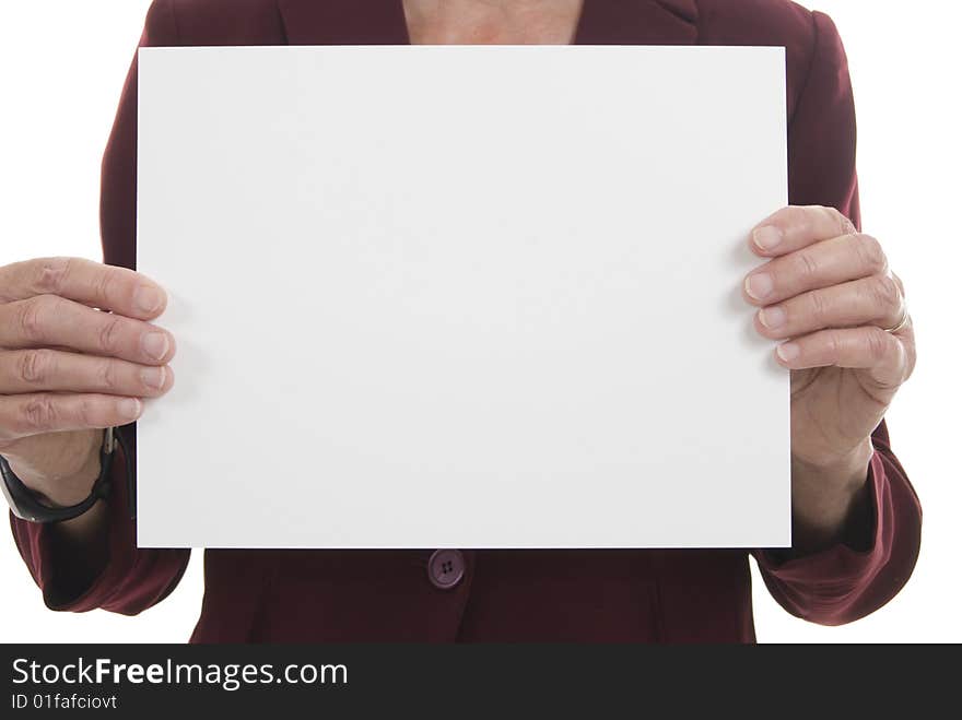 Woman's hands holding a large white card for your own message. Woman's hands holding a large white card for your own message.