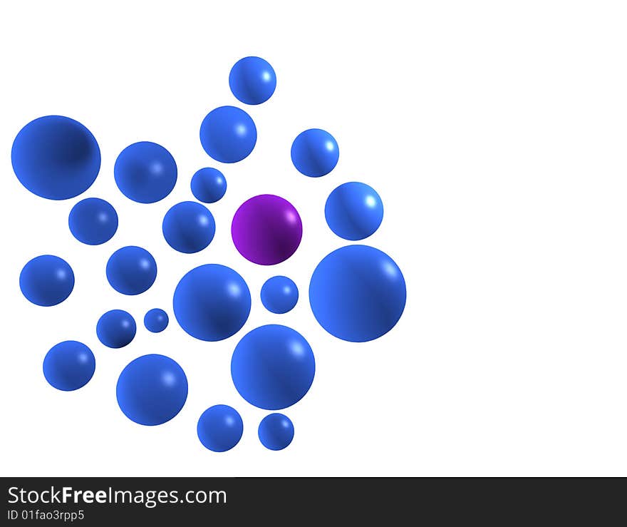 A selection of blue spherical Bubble on a white background amongst which is a standing out Violet sphere. A selection of blue spherical Bubble on a white background amongst which is a standing out Violet sphere