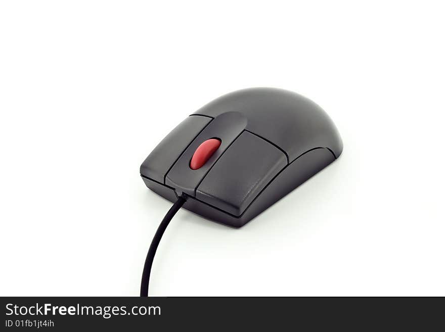 Close up of a black computer mouse with a red wheel button isolated on white. Close up of a black computer mouse with a red wheel button isolated on white