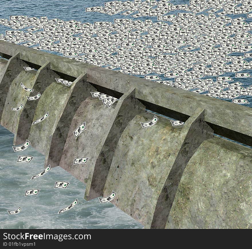 3d render of a dam with money stock or about to flow. 3d render of a dam with money stock or about to flow.