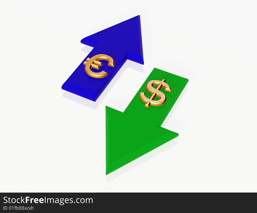 Two 3d golden dollar and euro signs with blue and green arrows. Two 3d golden dollar and euro signs with blue and green arrows