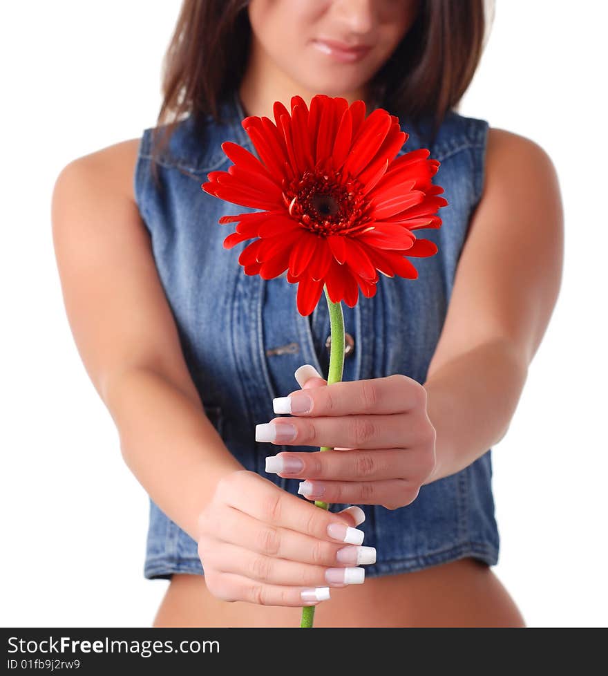 Portrait of a beautiful woman with red flower. Portrait of a beautiful woman with red flower