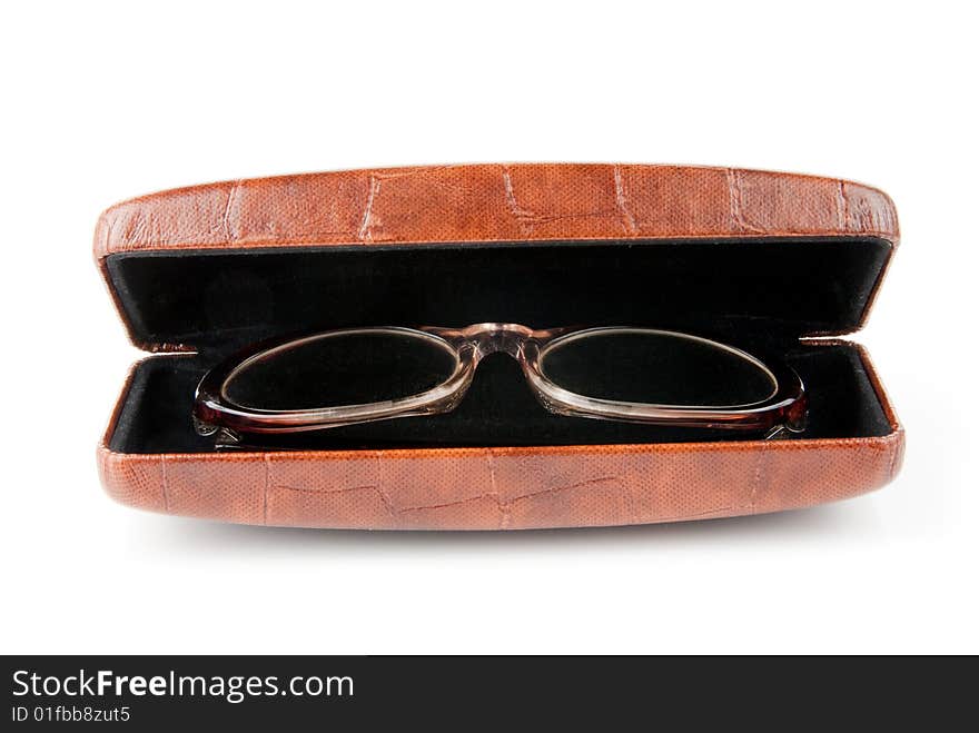 Glasses in the case isolated over white background