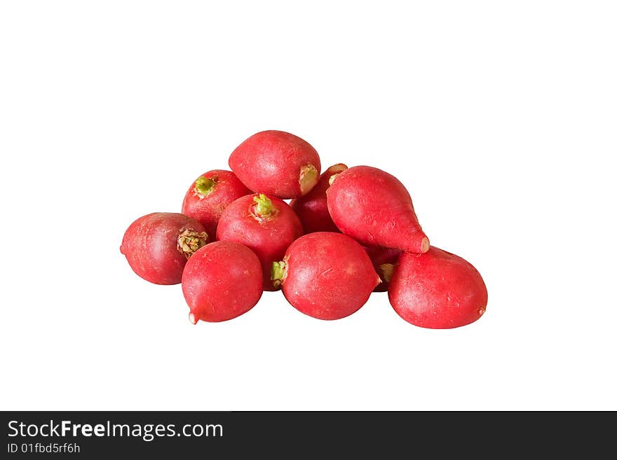 Pile of red radishes against a white background