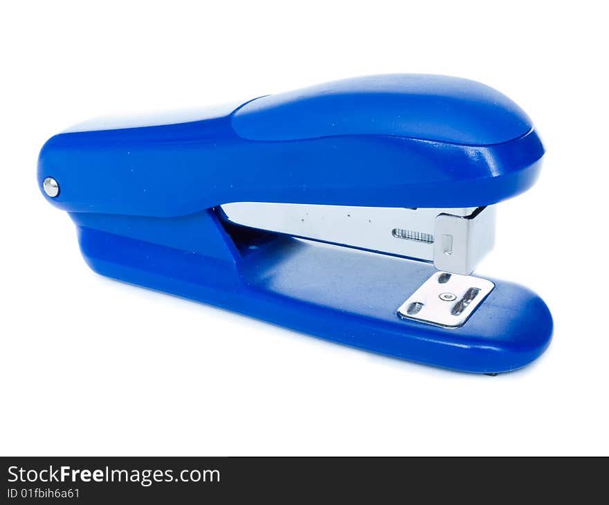 Blue stapler on white background