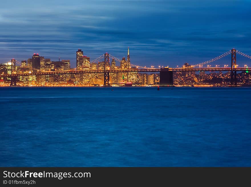 San Francisco and Bay Bridge at night