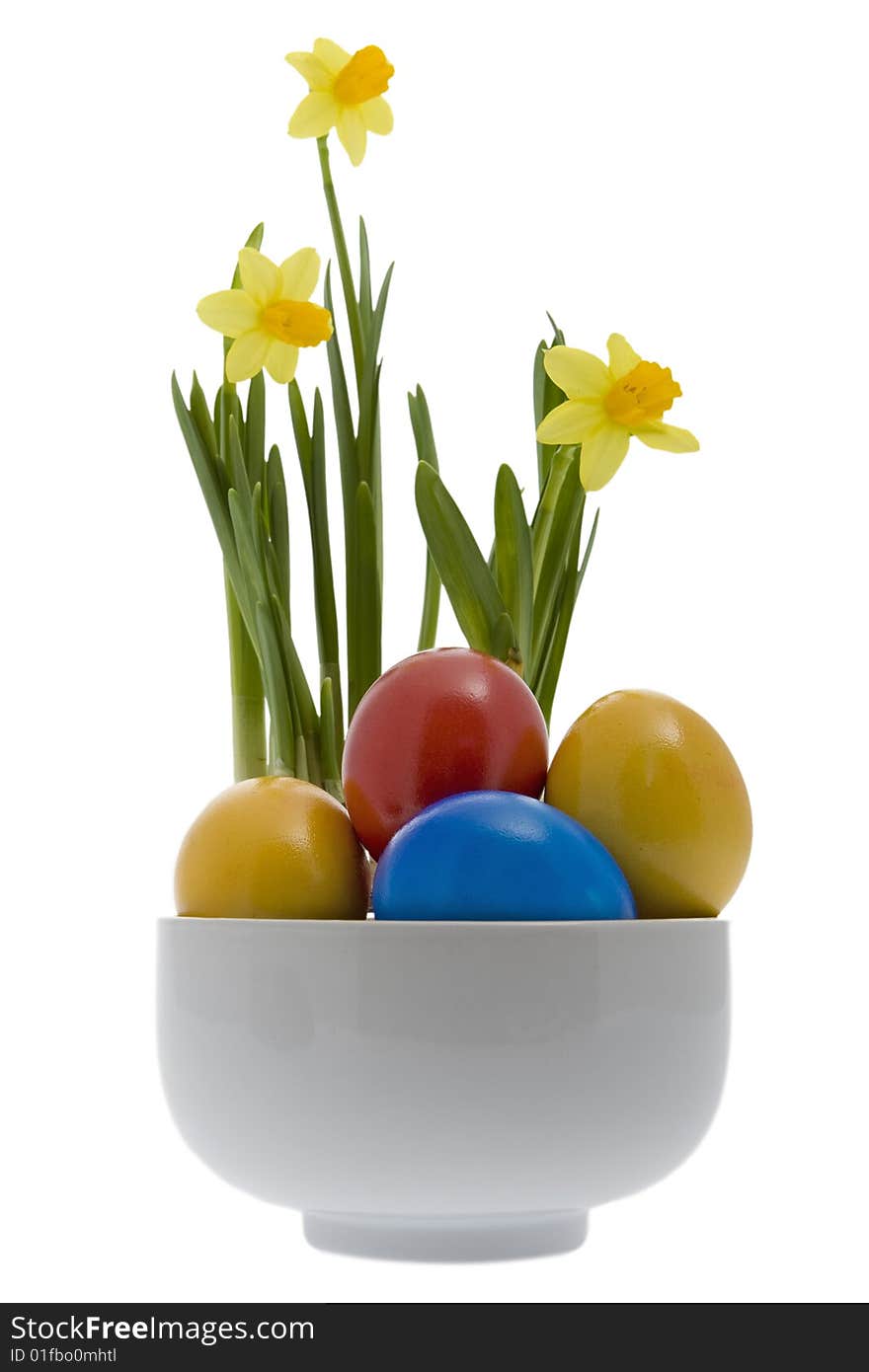 Easter eggs with yellow narcissus, tradition at the Easter time