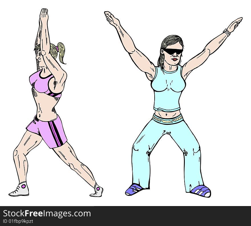 Two poses of aerobic girl in vector illustration