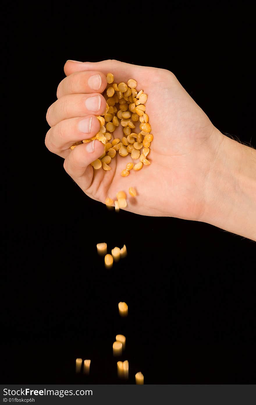 Man s hand pouring split peas