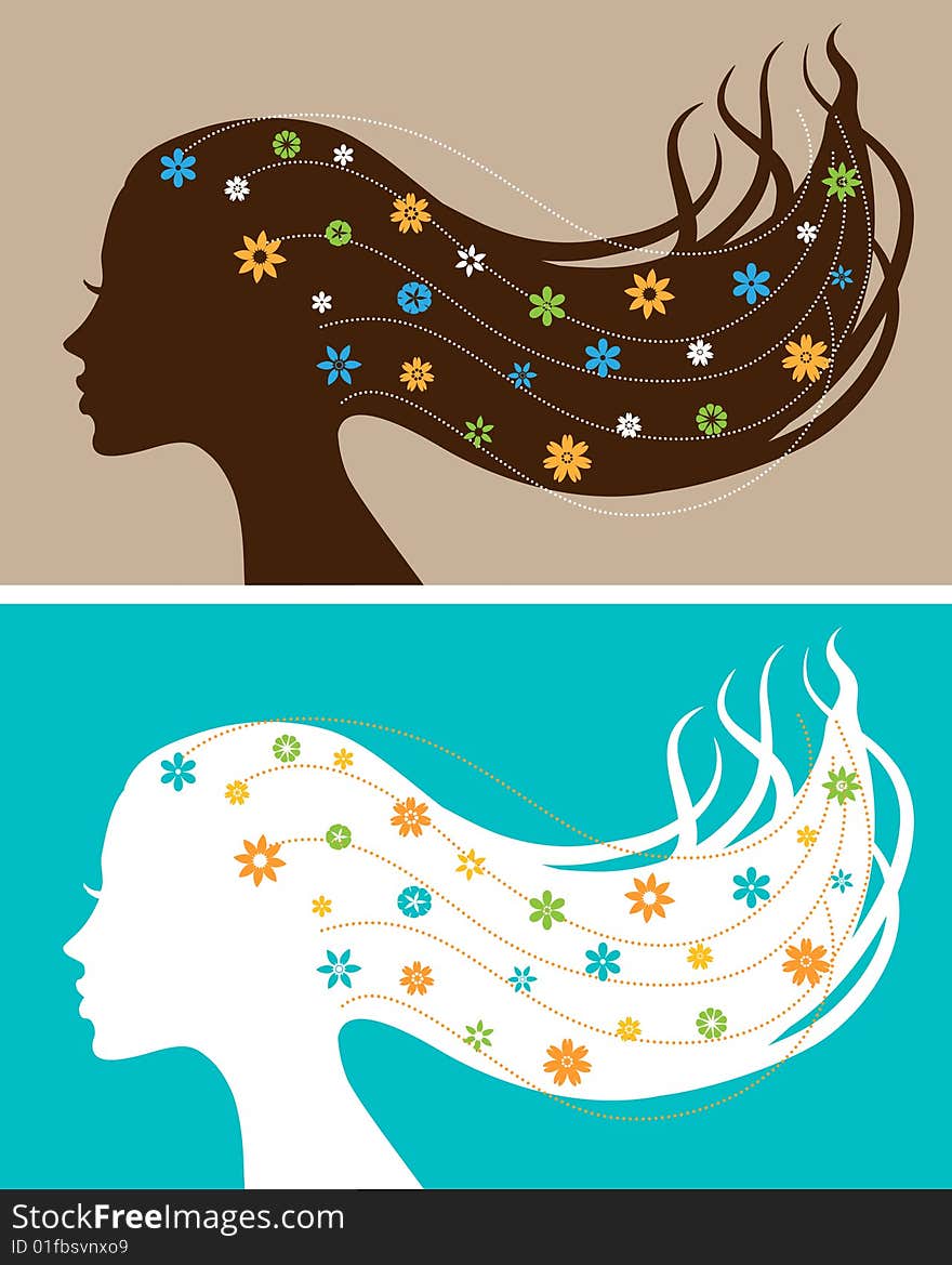 Vector silhouette of female head with flowers in her hairs. Vector silhouette of female head with flowers in her hairs