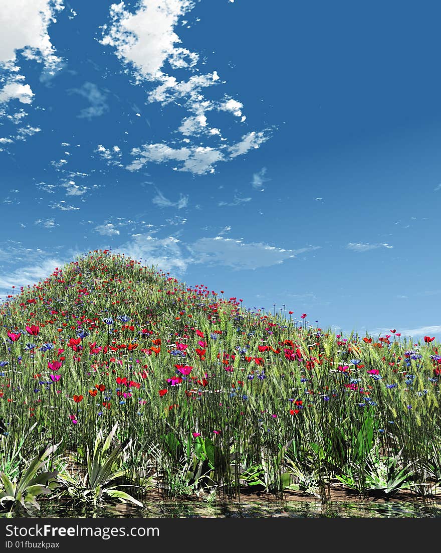 Beautiful field of flowers. 3d image. Beautiful field of flowers. 3d image