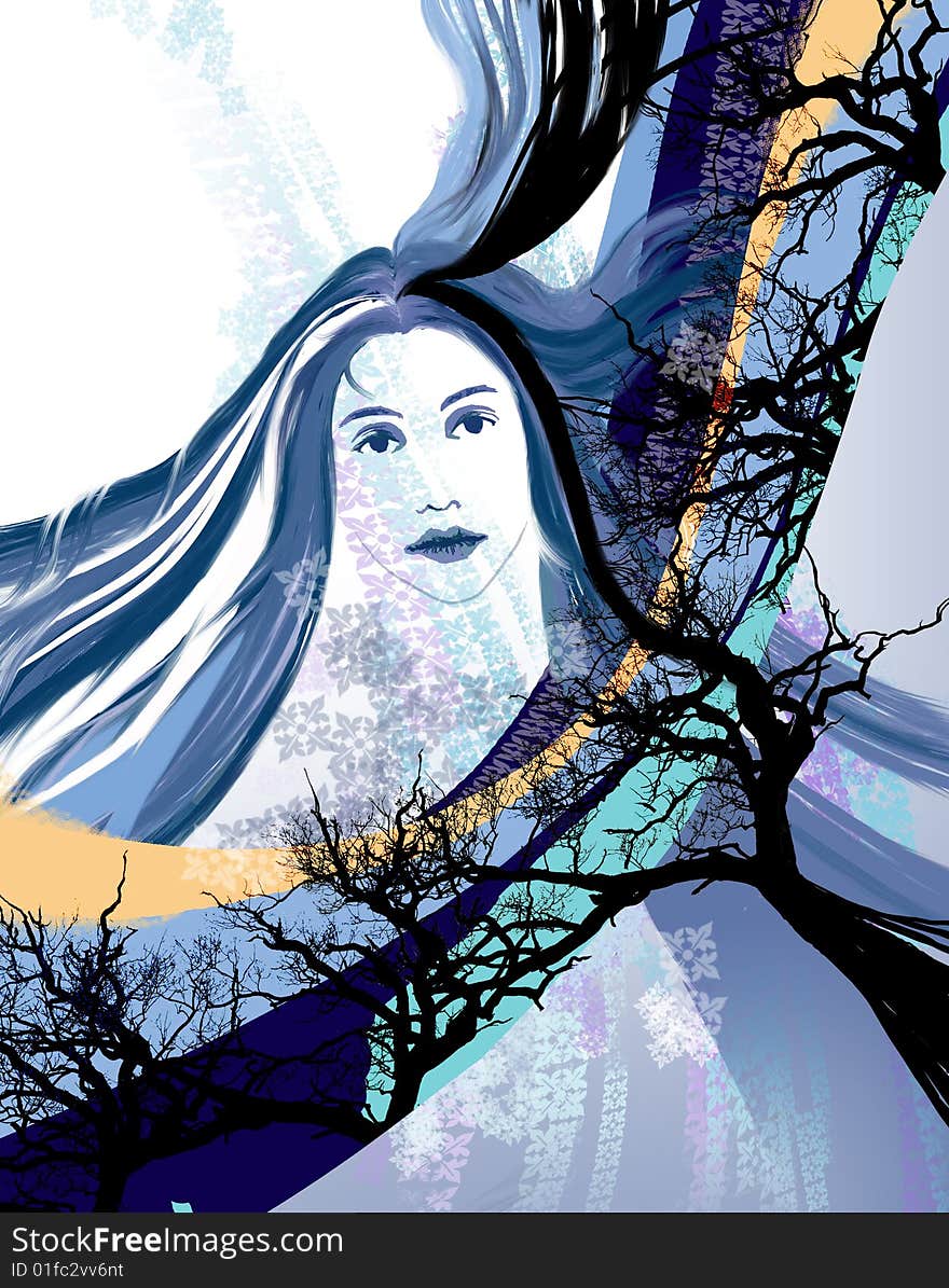 Girl's face against dark blue strips and trees. Girl's face against dark blue strips and trees