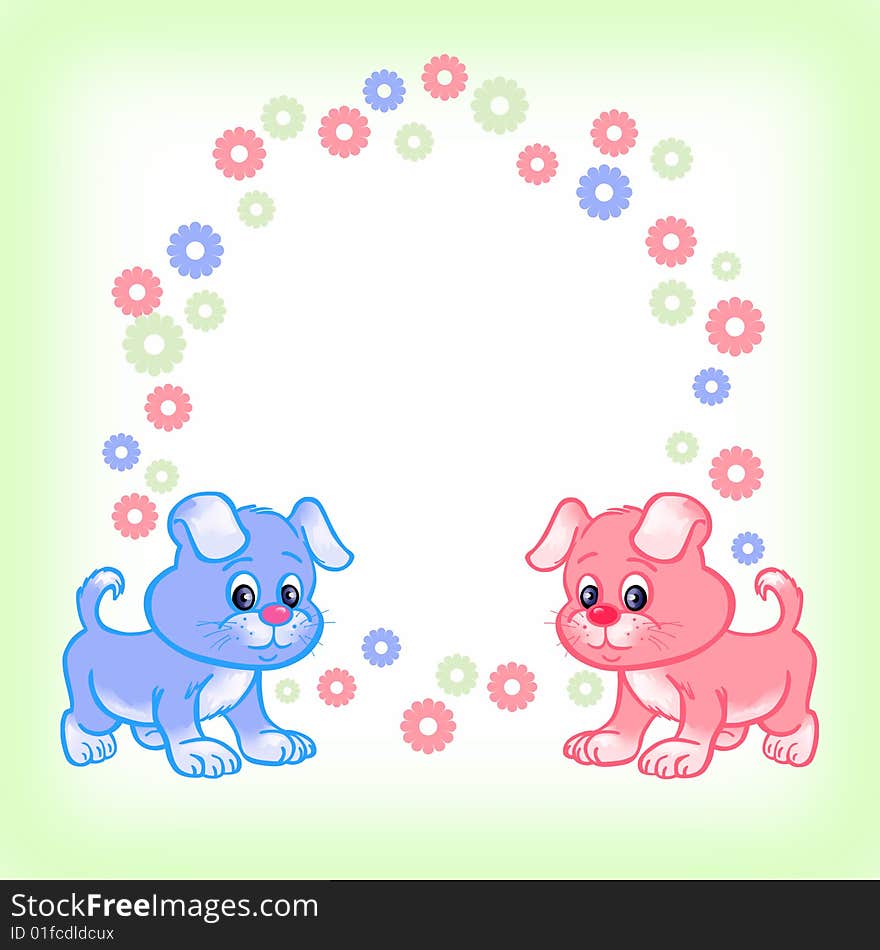 Bright child's  card with two  puppies. Bright child's  card with two  puppies