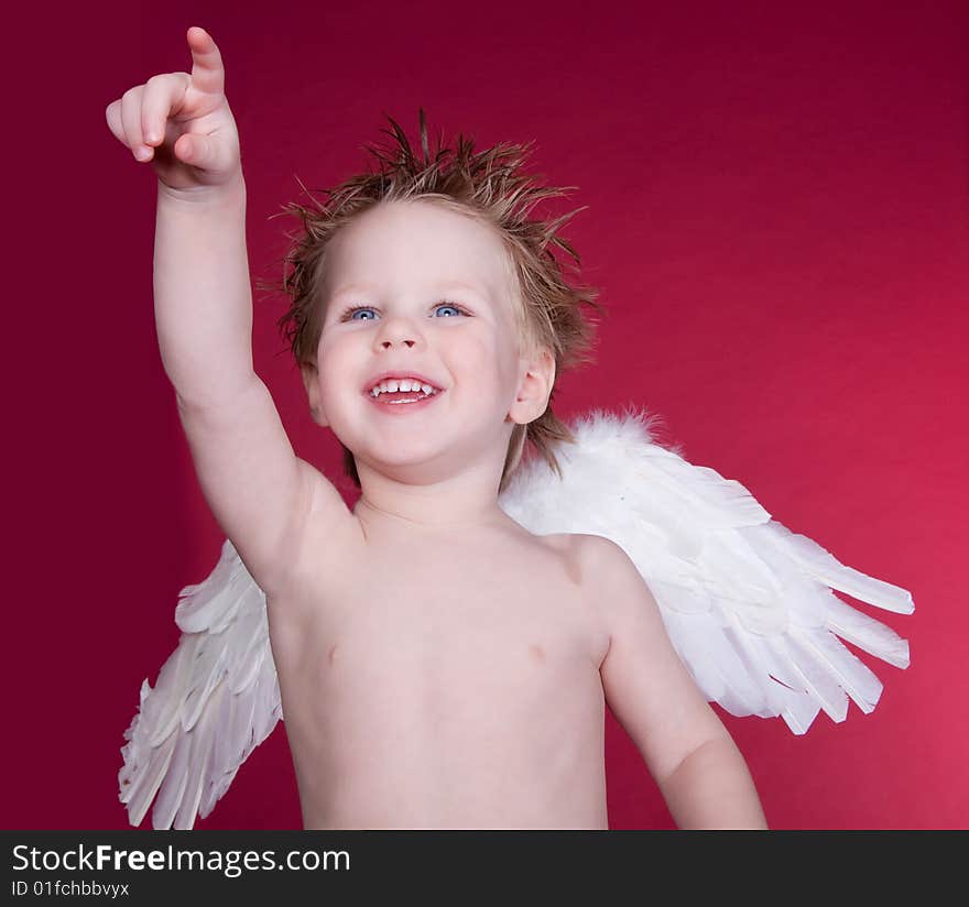 Angel laughing and pointing with red background. Angel laughing and pointing with red background