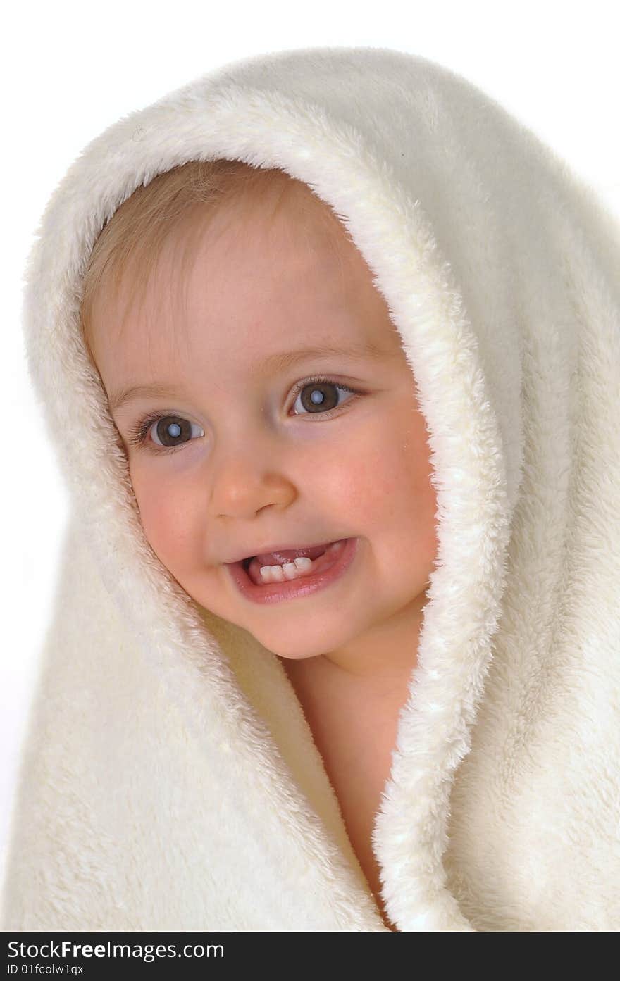 Head of  little girl in  white towel. Head of  little girl in  white towel