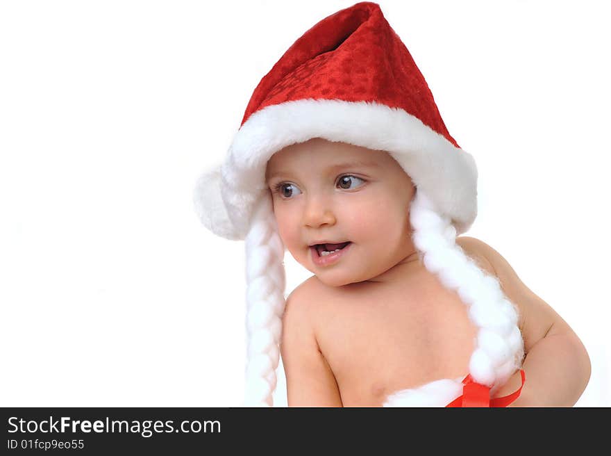 Small beautiful girl in  New Year's cap. Small beautiful girl in  New Year's cap