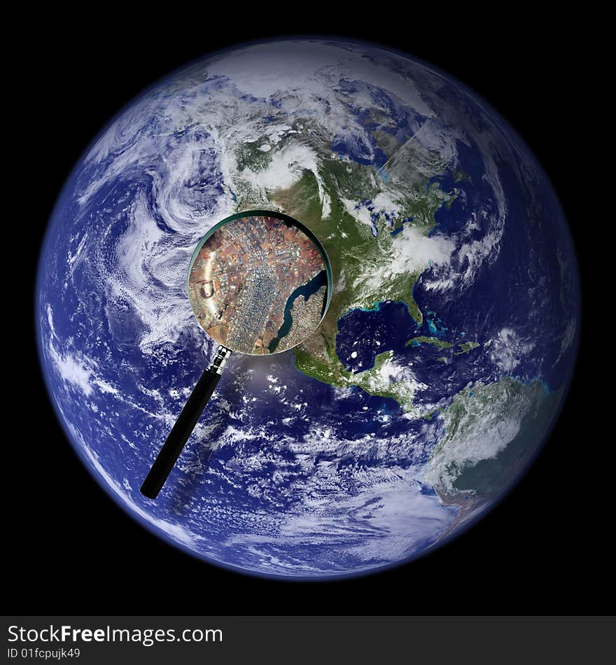 Conceptual image of a magnifying-glass over an world globe. Conceptual image of a magnifying-glass over an world globe