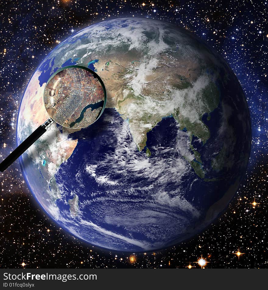 Conceptual image of a magnifying-glass over an world globe. Conceptual image of a magnifying-glass over an world globe