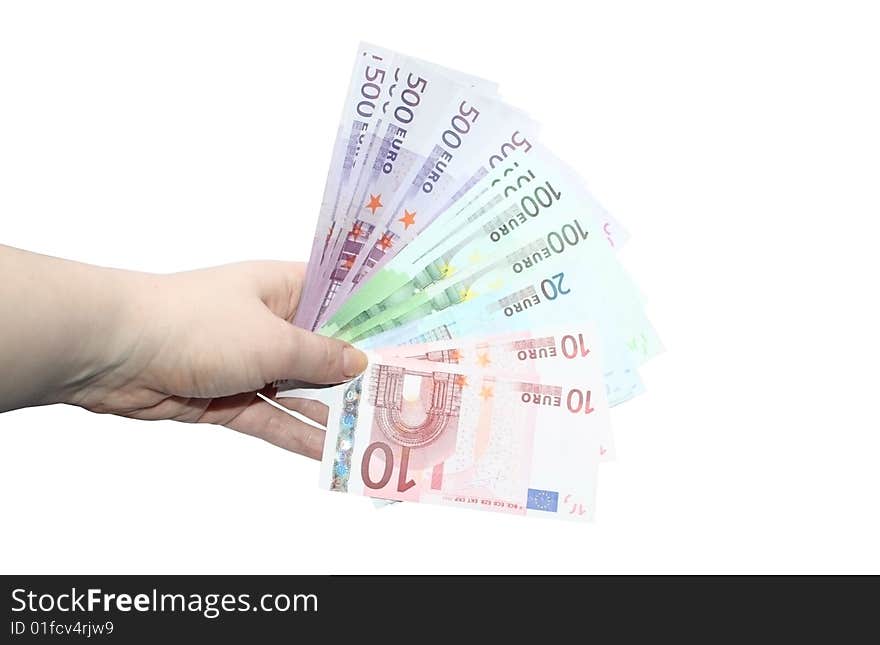 Isolated hand holding european money