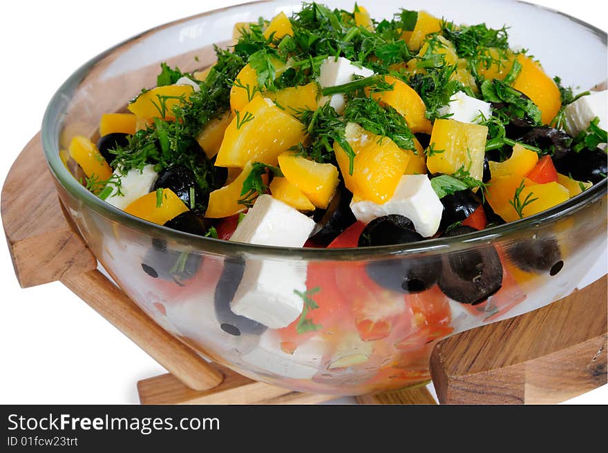 Greek salad in glass bowl