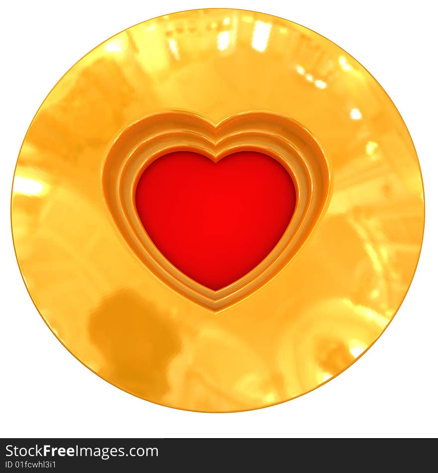 Red heart in gold. Isolated on white