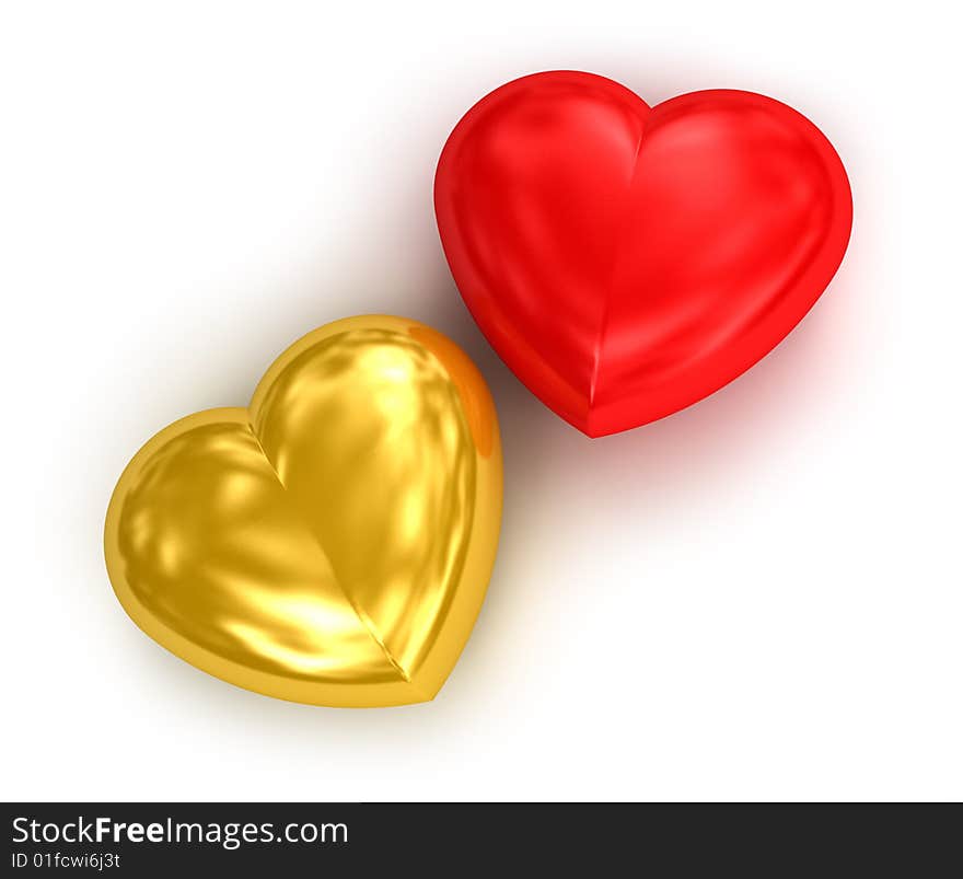 Two hearts gold and red. Isolated on white