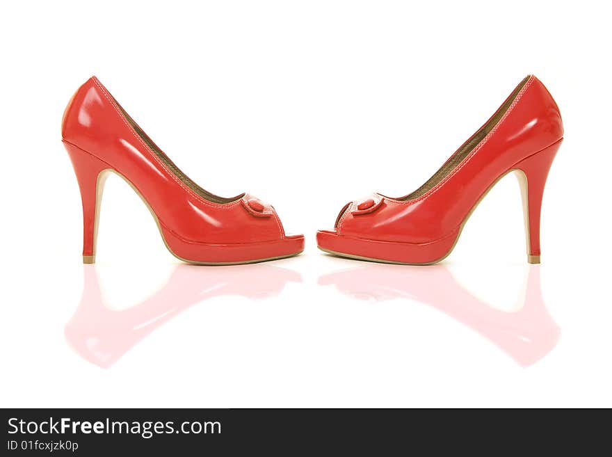 Red shoes with reflection women shoes