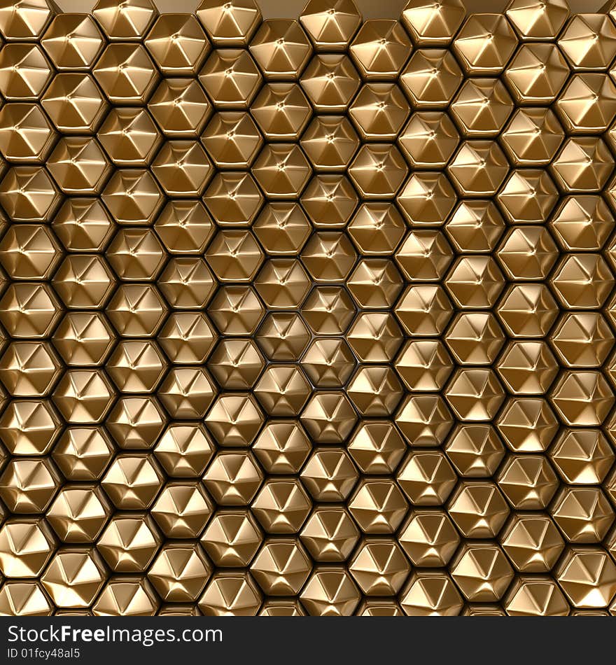 Gold hexagon background. Crystal form. Metal gloss.