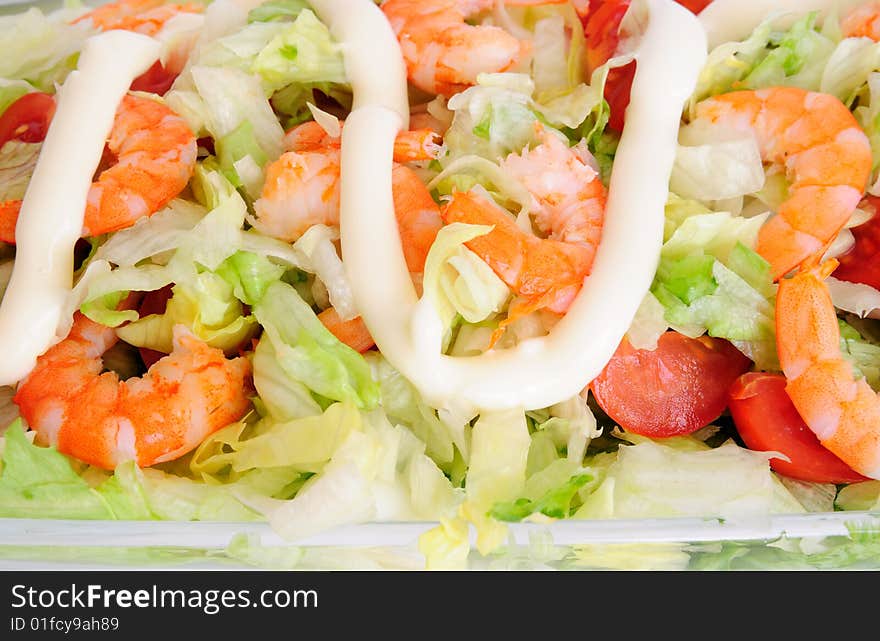 Shrimp salad in a glass dish