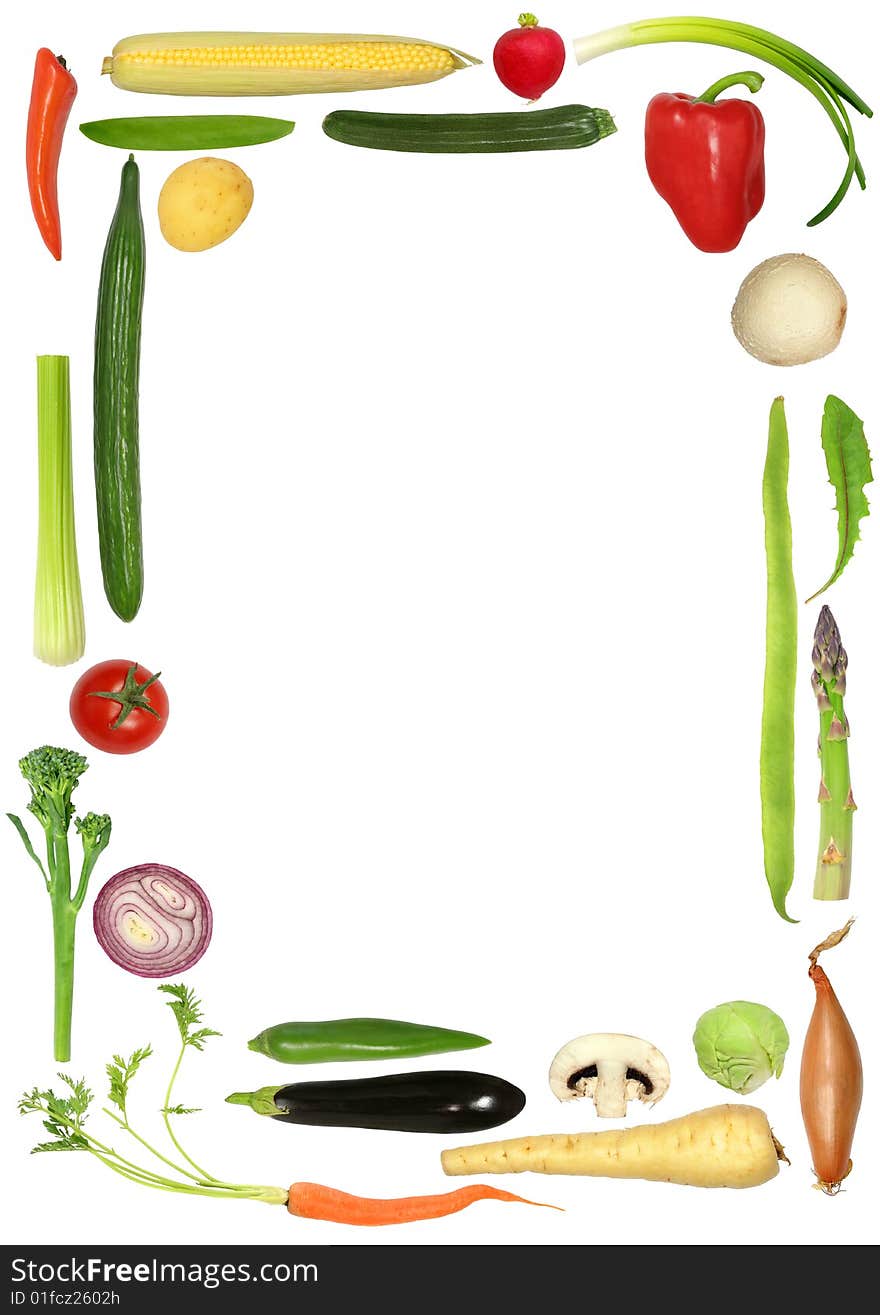 Vegetable selection forming an abstract frame, over white background. Vegetable selection forming an abstract frame, over white background.