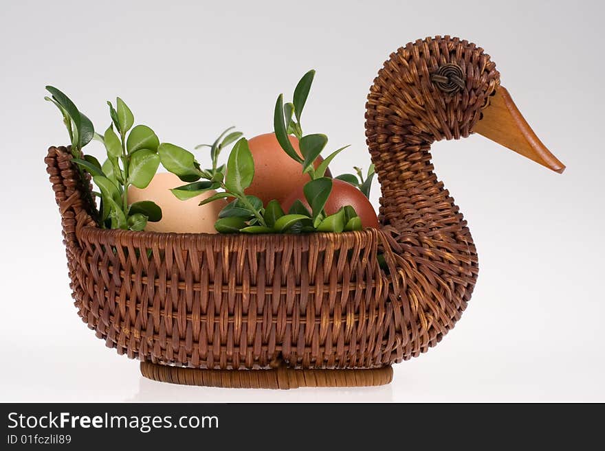 Easter Duck  With Eggs On White Background