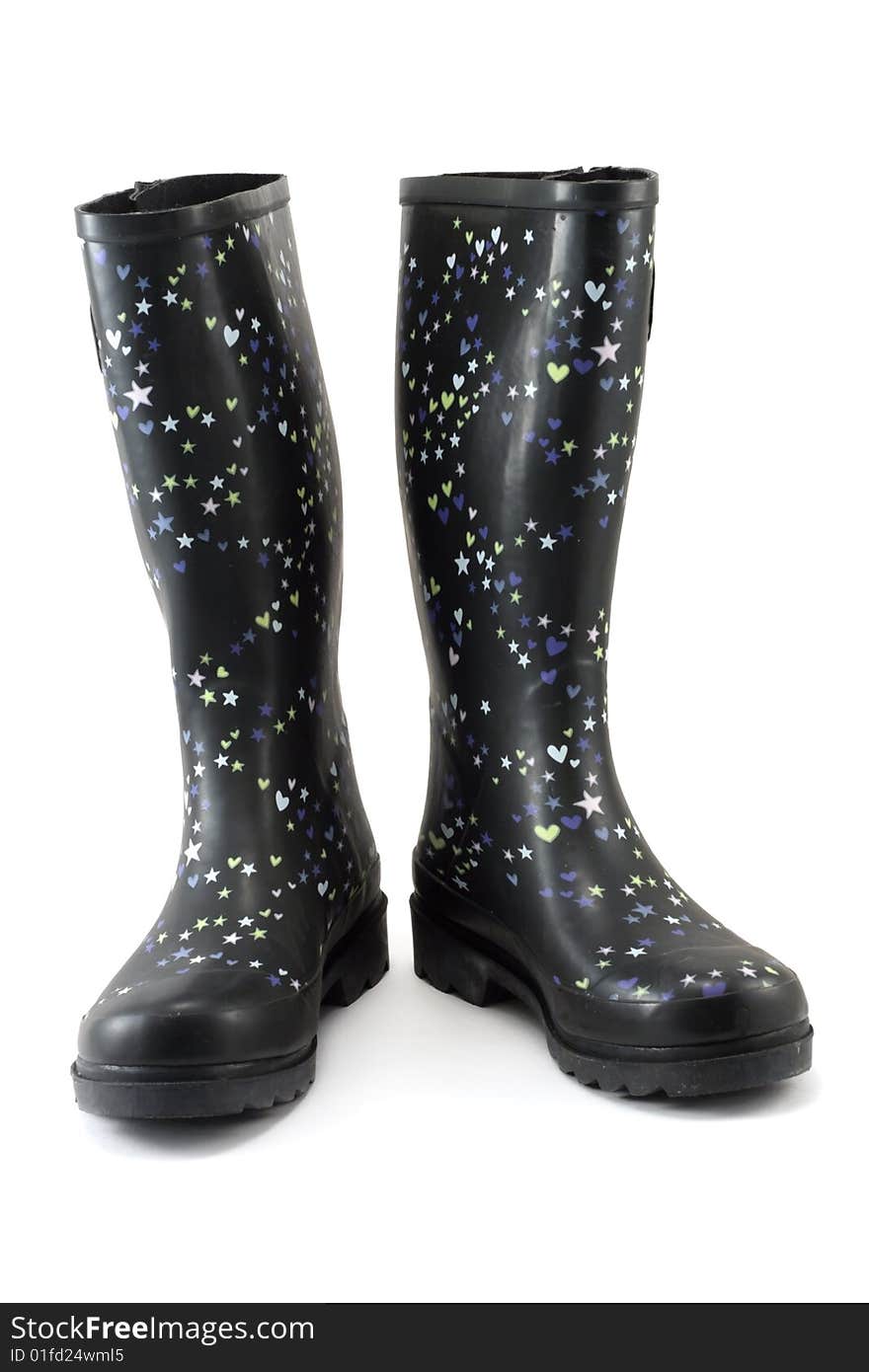 Rubber boots, black, insulated on white background. Rubber boots, black, insulated on white background